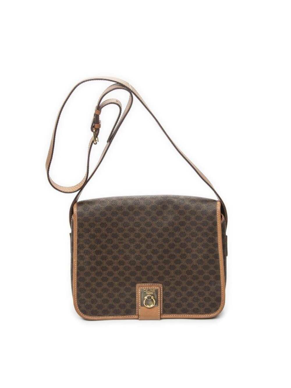 Celine Vintage Flap Bag Messenger Brown Macadam Canvas